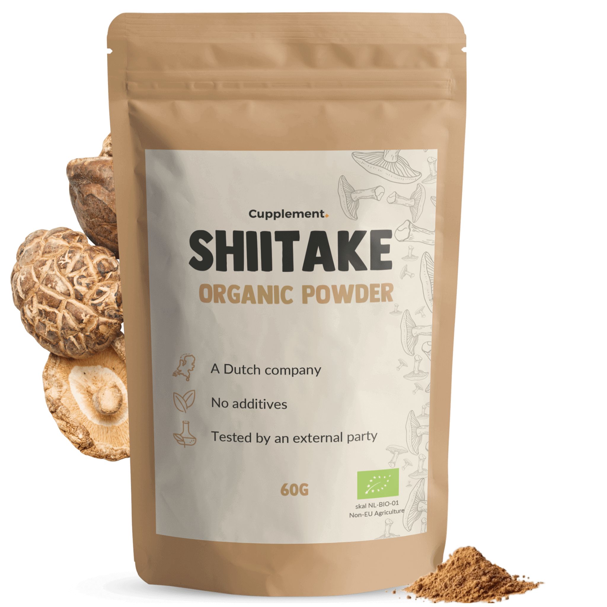 Sachet marron avec poudre de shiitake. Texte : « Shiitake Organic Powder ». 60g. Label bio. Champignons shiitake et poudre à côté.