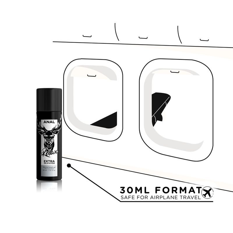 Zwarte fles "ANAL Relax Extra Dilatation" naast vliegtuigramen. 30ml formaat, veilig voor vliegtuig.