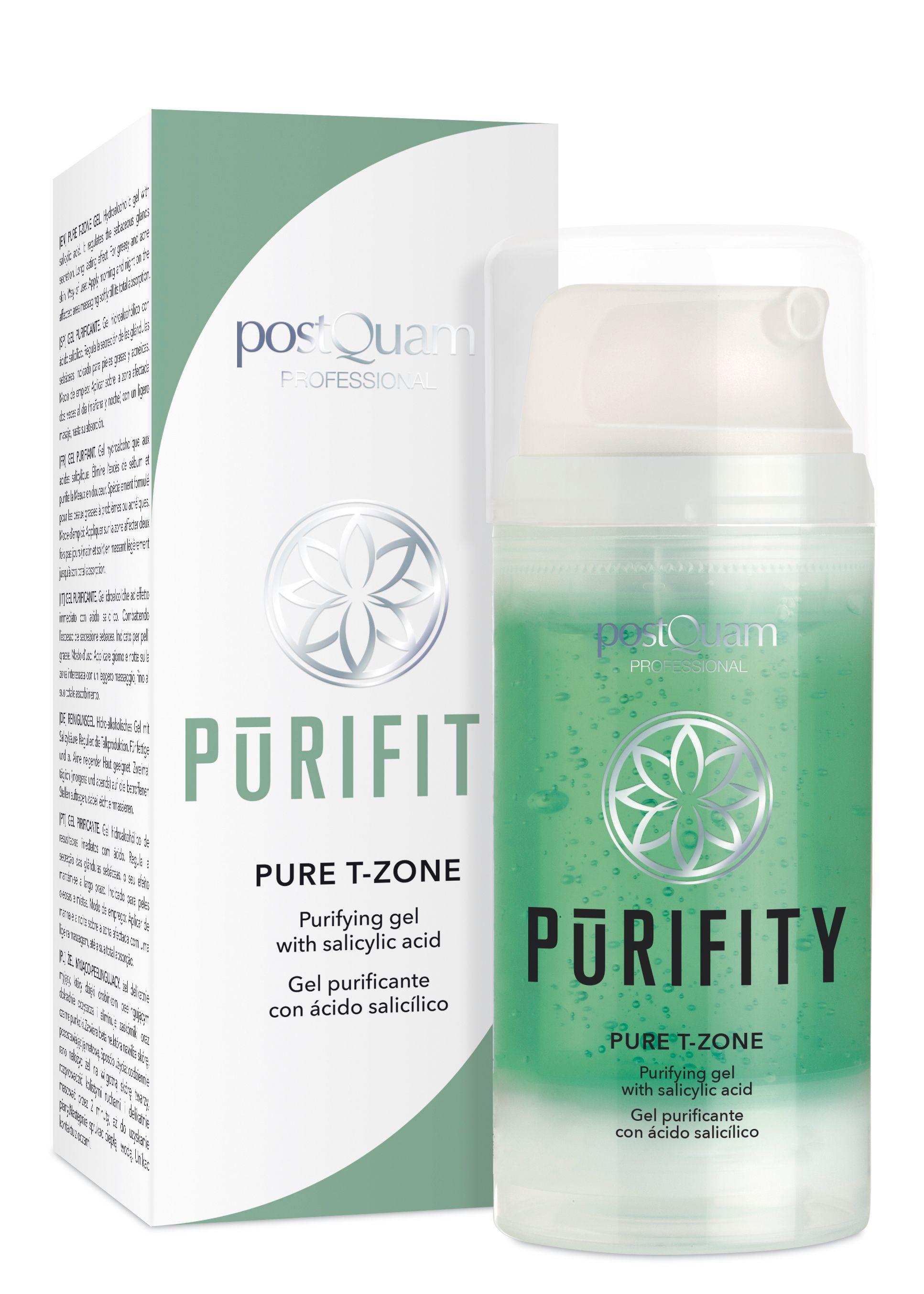 Flacon et boîte du produit "Purity Pure T-Zone". Le nom "Post Quam Professional" est visible sur le flacon et la boîte.