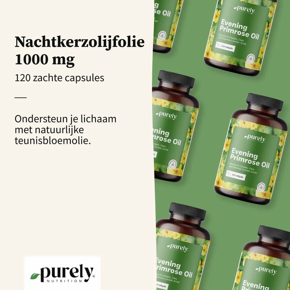 Meerdere flessen teunisbloemolie. Tekst: Nachtkerzolijfolie 1000 mg, 120 zachte capsules.