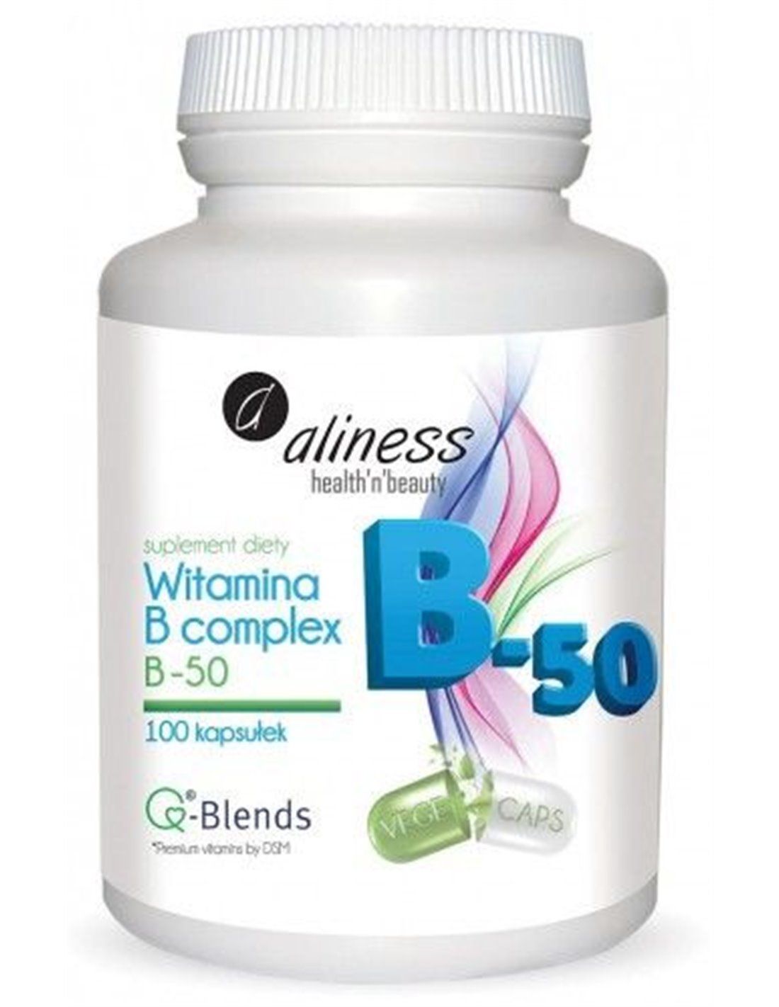 Aliness Vitamine B-Complex B-50 Capsules: Witte container met etiket waarop B-50 en 100 capsules staan.