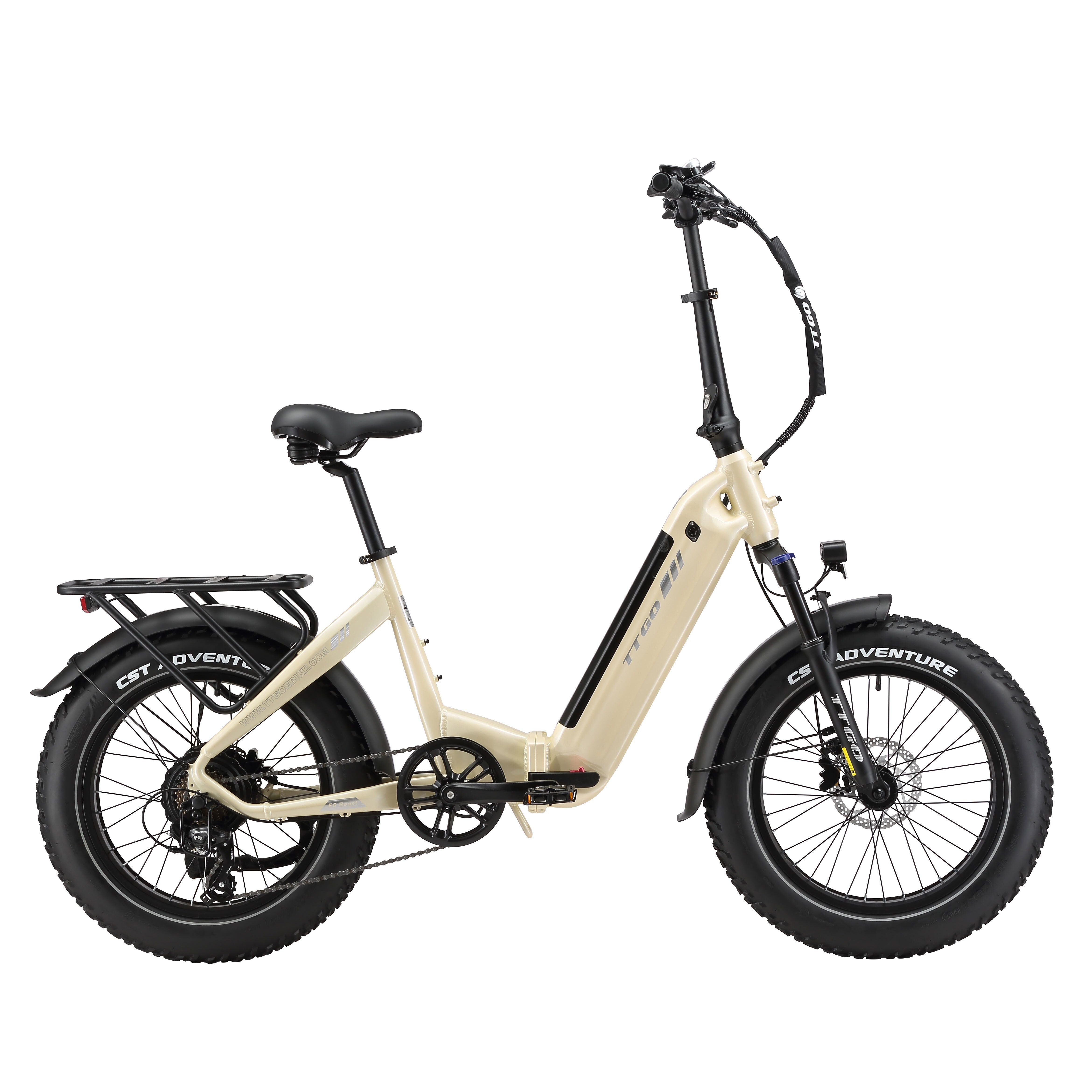 Beige opvouwbare e-bike met zwarte banden en details. Zwart zadel, bagagerek. "ADVENTURE" op de band.