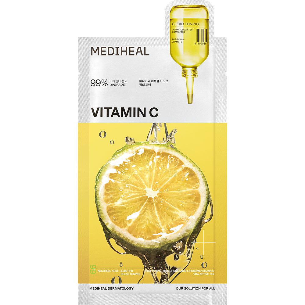Emballage du masque en tissu MEDIHEAL Vitamin C avec citron et eau. Emballage jaune avec ampoule doseuse.