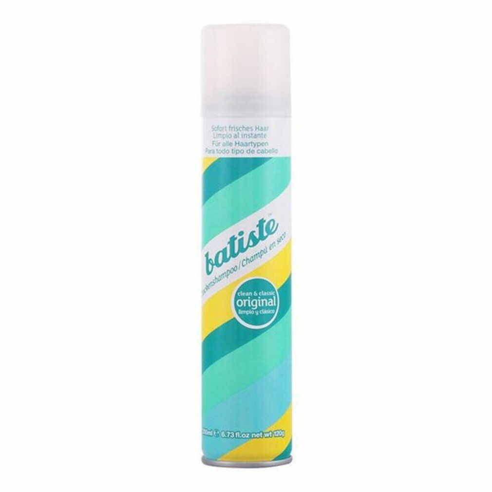 Bombe cylindrique avec bouchon blanc. Inscription: Batiste Trockenshampoo, Original. Motif vert et jaune. Texte multilingue.