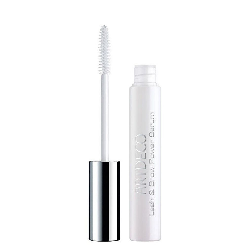 Wit serum met borstel. Opschrift: ARTDECO Lash & Brow Power Serum. Zilverkleurige dop.