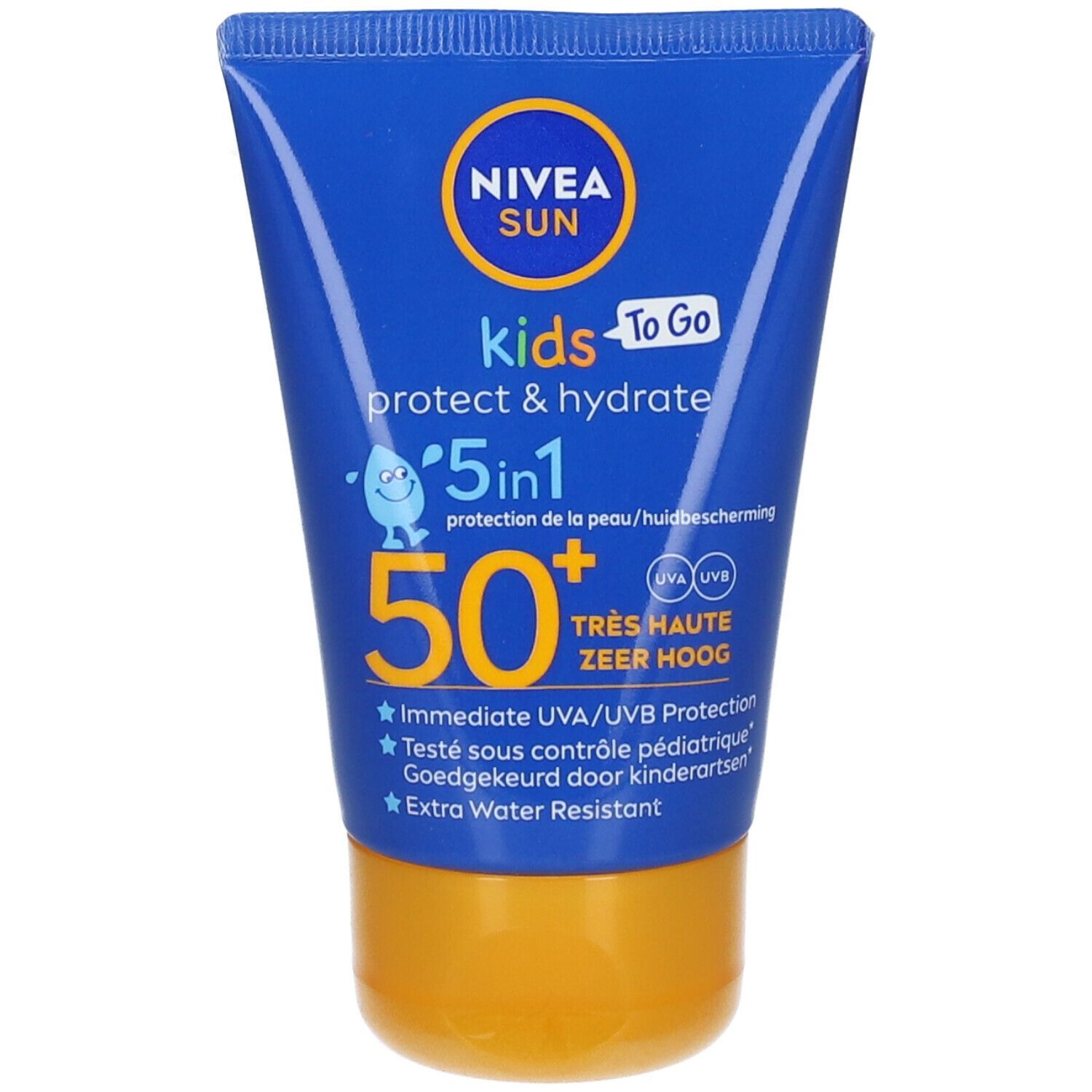 Tube bleue NIVEA Sun Kids To Go SPF50+. Protection 5 en 1. Très haute protection. Résistant à l'eau. UV.