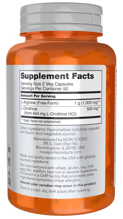 Dos du flacon NOW FOODS Arginine & Ornithine. Contient les informations nutritionnelles et les ingrédients. Texte blanc sur fond gris.