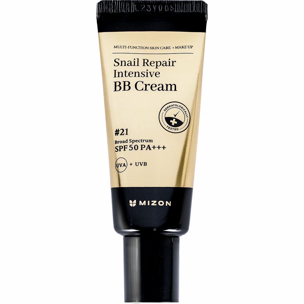 MIZON Snail Repair Intensive BB Cream SPF 50 PA+++, teinte #21, tube doré avec bouchon noir.