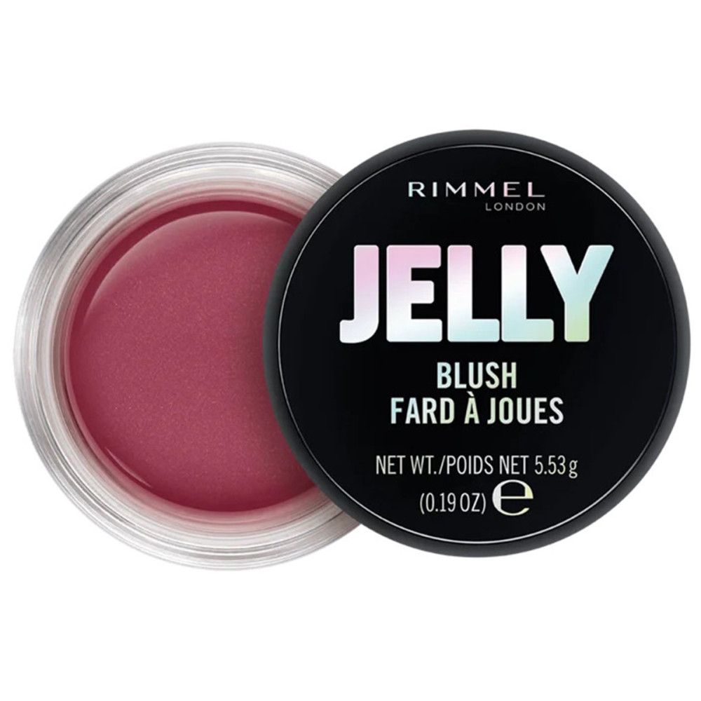 Ronde zwarte pot met roze jelly blush. Opschrift: Rimmel London, Jelly Blush Fard à Joues. Deksel ernaast.