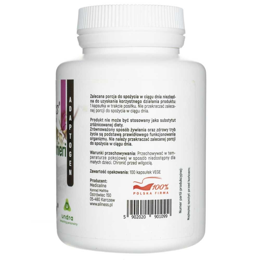 Achterkant van een wit capsulepotje met bewaarinstructies en fabrikantinformatie voor Aliness Bacopa monnieri extract 50%.