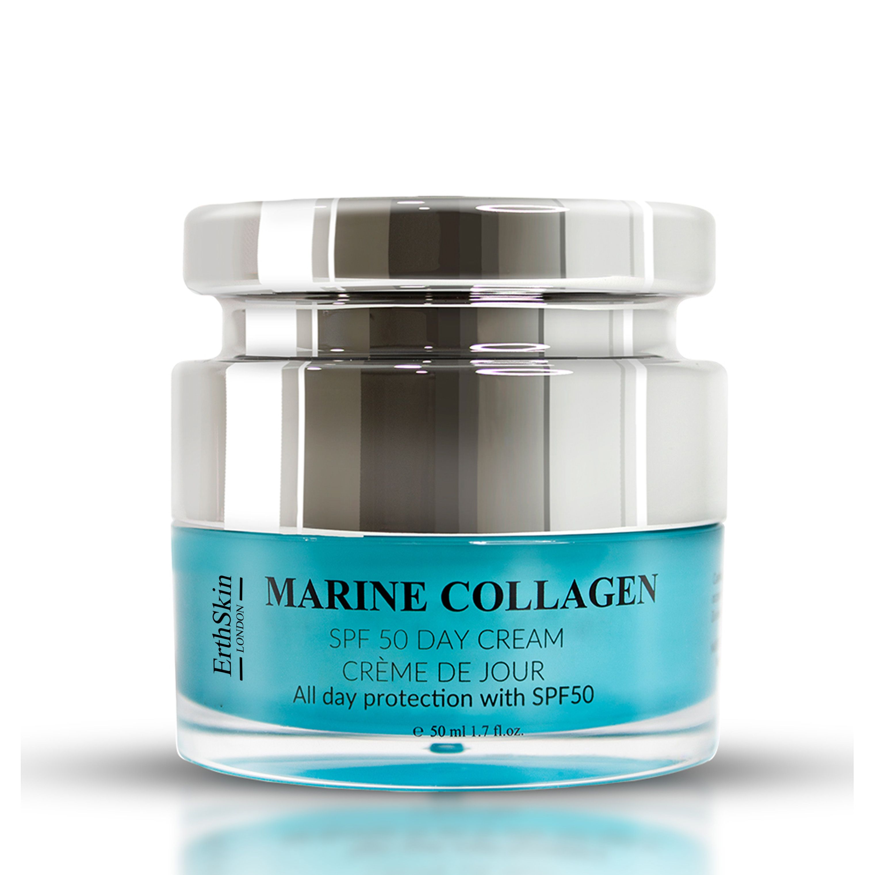 Marine Collagen SPF50 dagcrème. Glazen pot. Tekst: Marine Collagen, SPF 50, Crème de Jour, All day protection with SPF50.