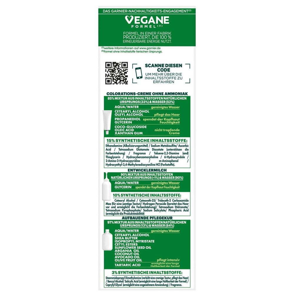 Dos de l'emballage Garnier Nutrisse Ultra Crème. Contient des informations sur la formule végétalienne et les ingrédients. Texte en allemand.