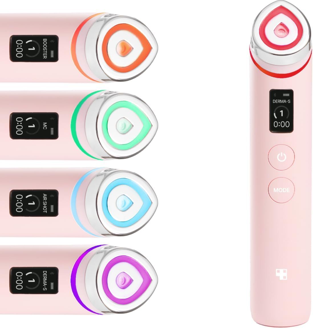 Appareil de soin de la peau rose avec modes lumineux colorés. Affichage numérique avec minuterie. Modes : Booster, MC, Air Shot, Derma-S.