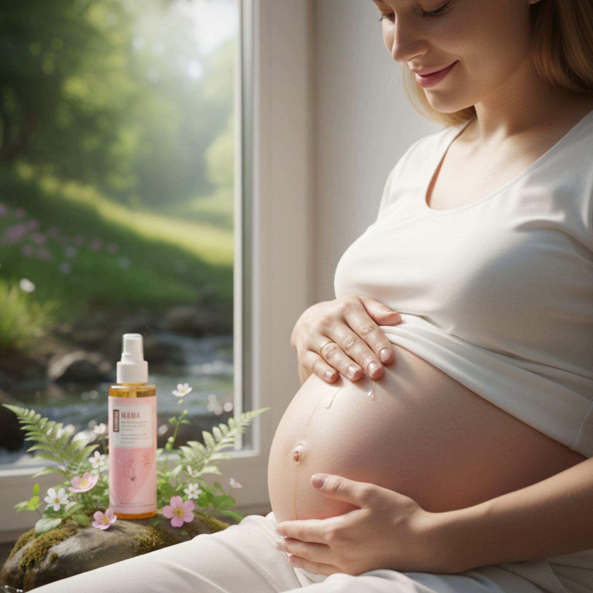 Zwangere vrouw houdt haar buik vast. Olieflacon met verstuiver ernaast. Roze etiket met tekst.