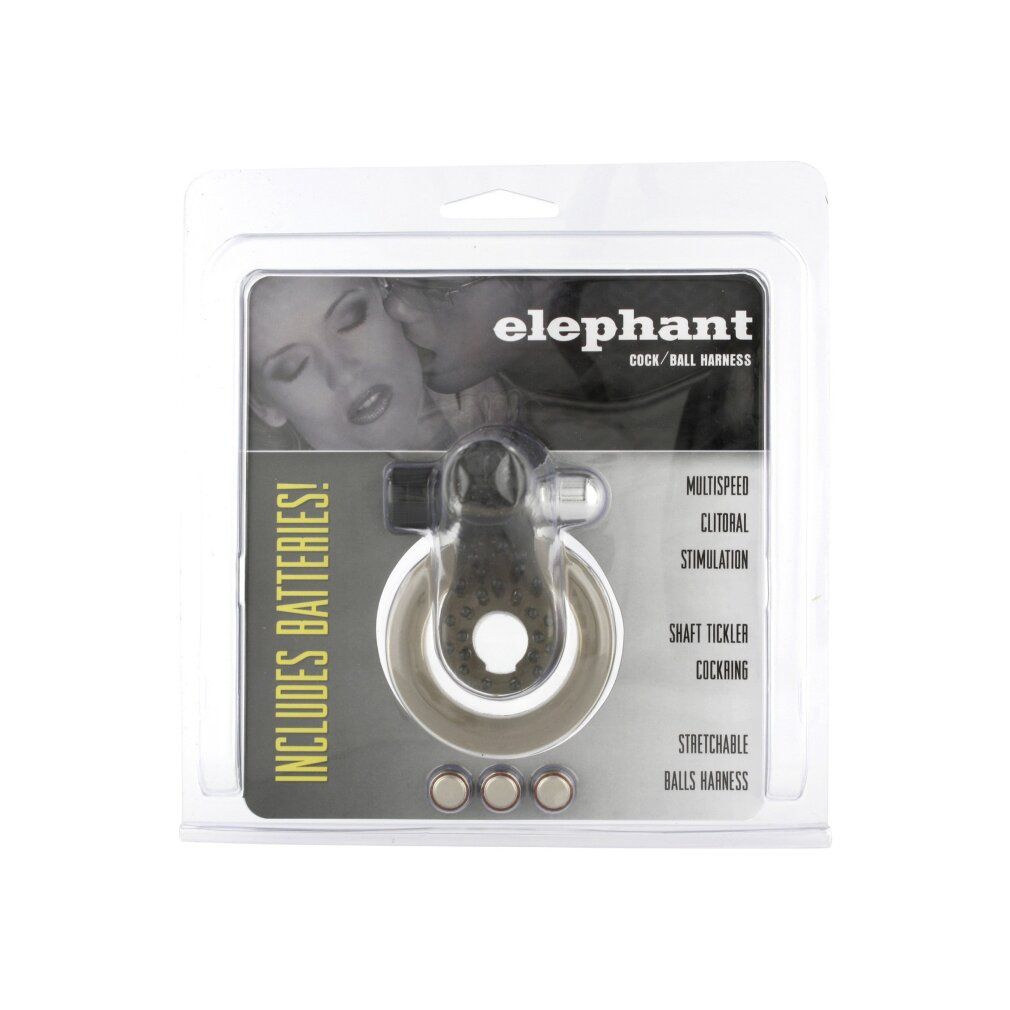 Anneau pénien et scrotal transparent Elephant, emballage blister. Batteries incluses. Nom du produit et caractéristiques visibles.