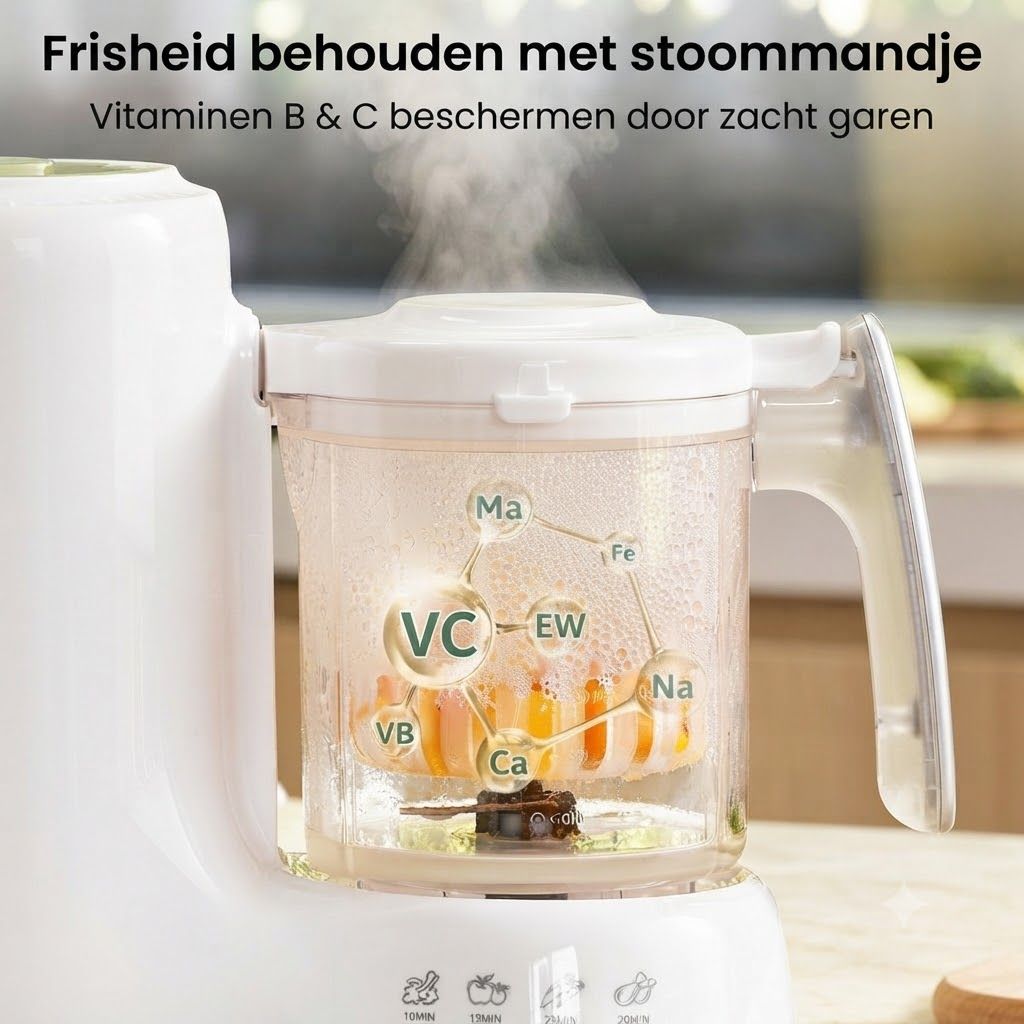 Witte stoomkoker met transparante kan waarin fruit en groenten worden gestoomd. Vitaminen VC, VB, Ca, Ma, Fe, Na worden weergegeven.