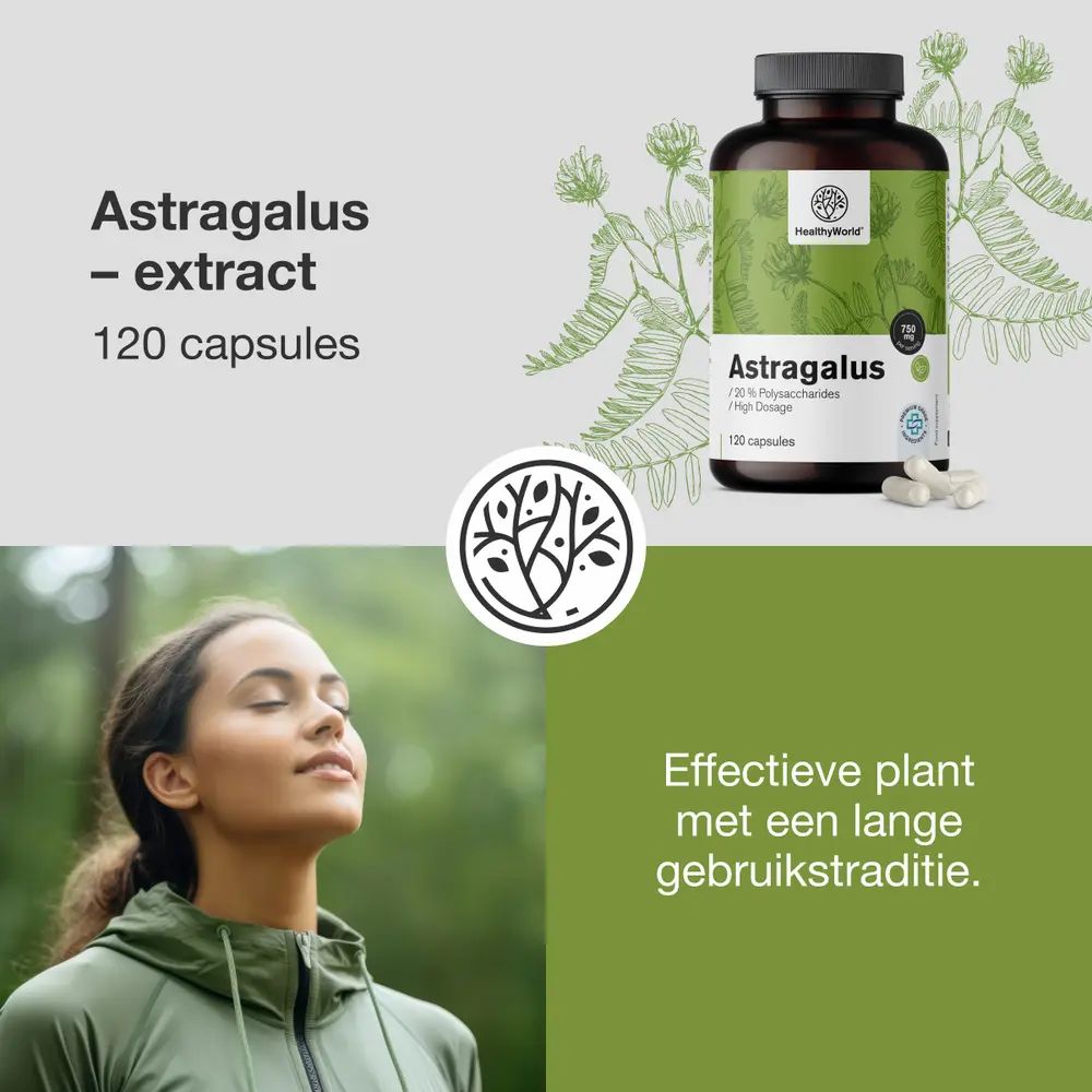Fles Astragalus-extract, naast een vrouw met gesloten ogen en een plant.