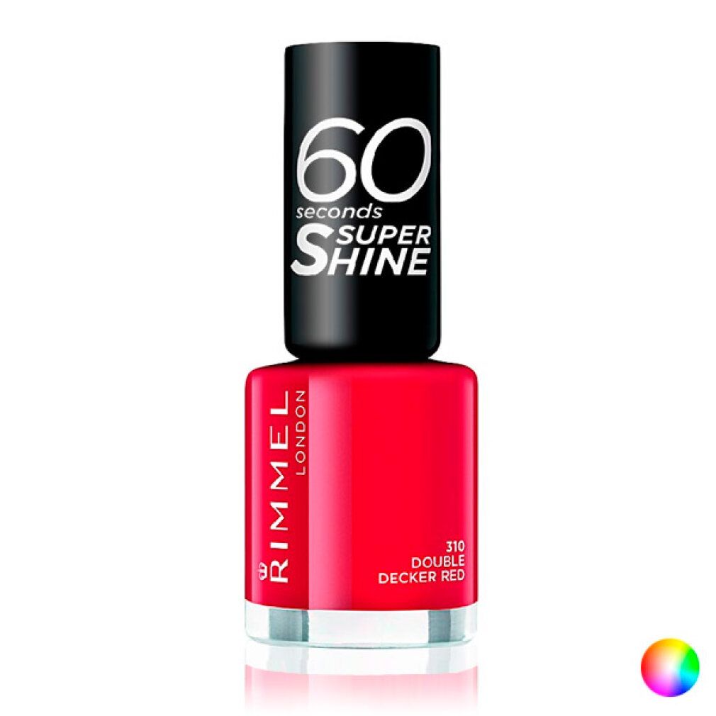 Vernis à ongles rouge avec bouchon noir. Inscription: 60 secondes Super Shine. Teinte: 310 Double Decker Red.