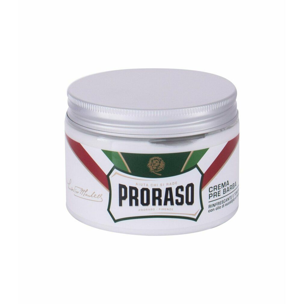 Witte pot met zilveren deksel. Opschrift: PRORASO. Groen-wit-rode strepen. Tekst: Pre-Shave Cream. Met eucalyptusolie en menthol.