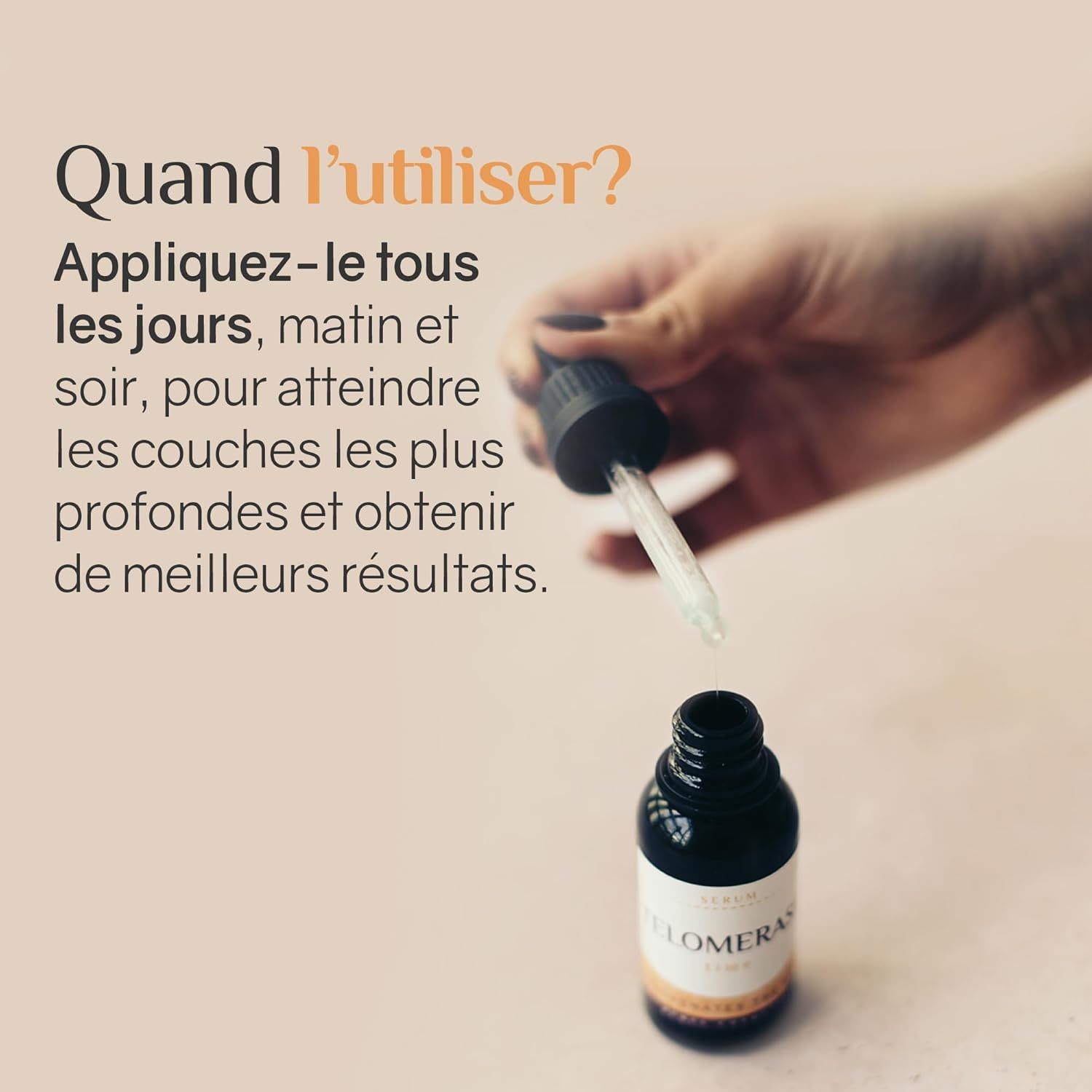 Flacon en verre foncé avec pipette contenant un liquide clair.