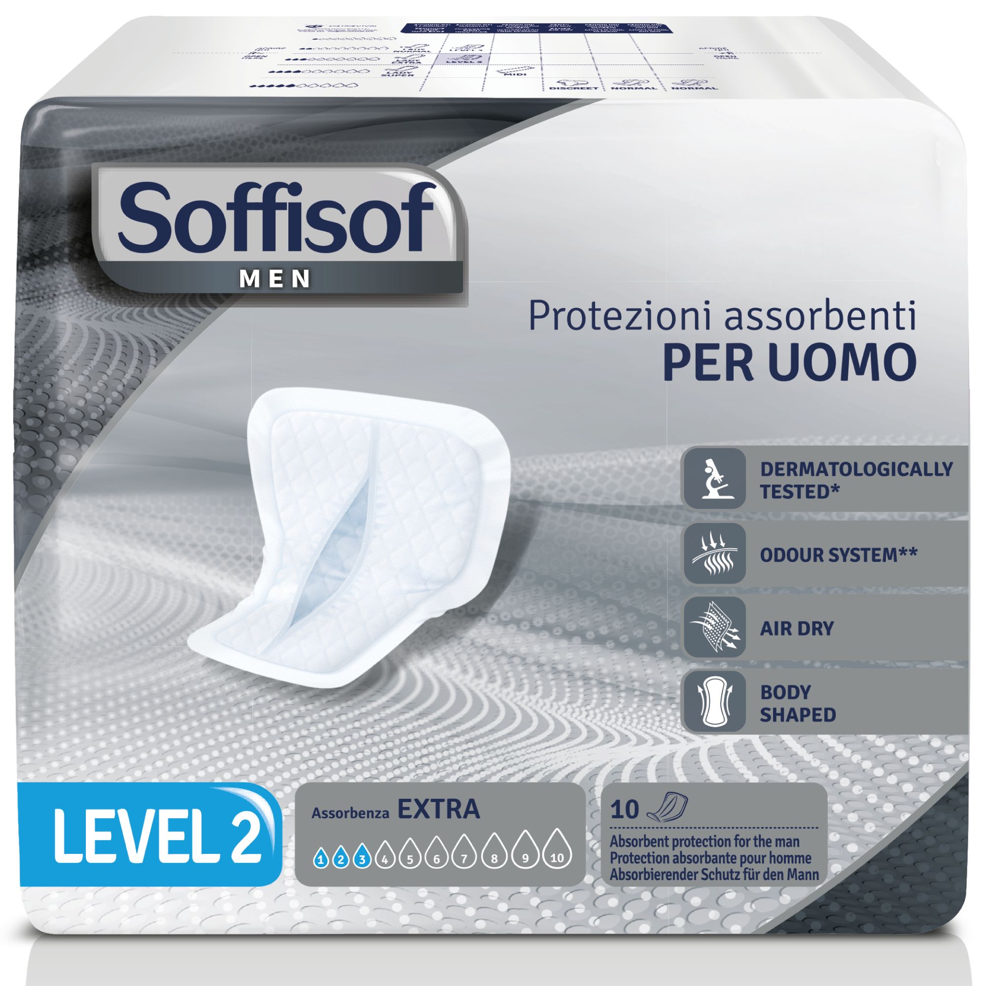 Paquet de Soffisof Men Level 2. Protection absorbante pour homme. Forme anatomique, testé dermatologiquement. 10 protections.