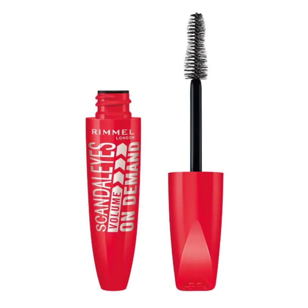 Rode mascara borstel en houder. Tekst: Rimmel London, Scandaleyes Volume On Demand. Zwarte mascara borstel.
