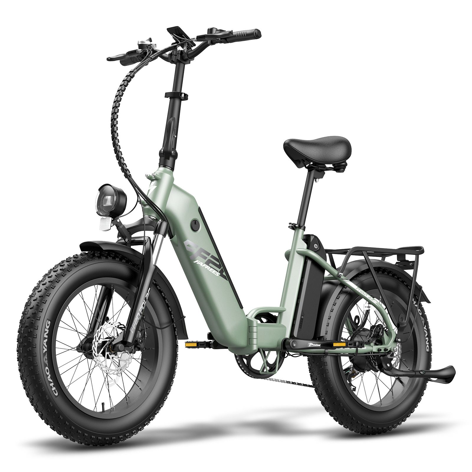 Vélo électrique pliable vert clair. Pneus, selle et porte-bagages noirs. Phare avant et batterie.