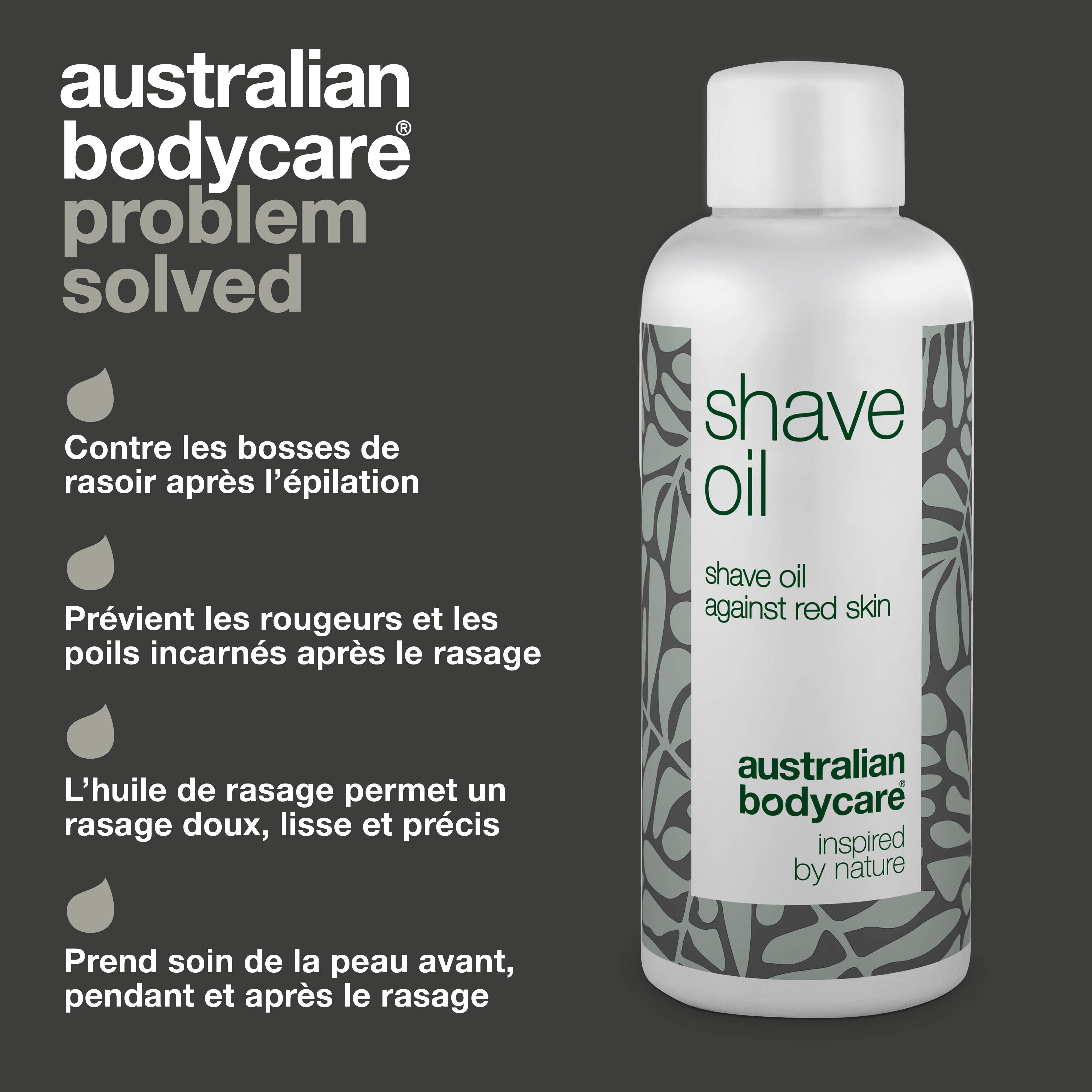 Flacon Shave Oil, contre les rougeurs. Marque : Australian Bodycare. Texte : Contre les boutons, rougeurs et poils incarnés.