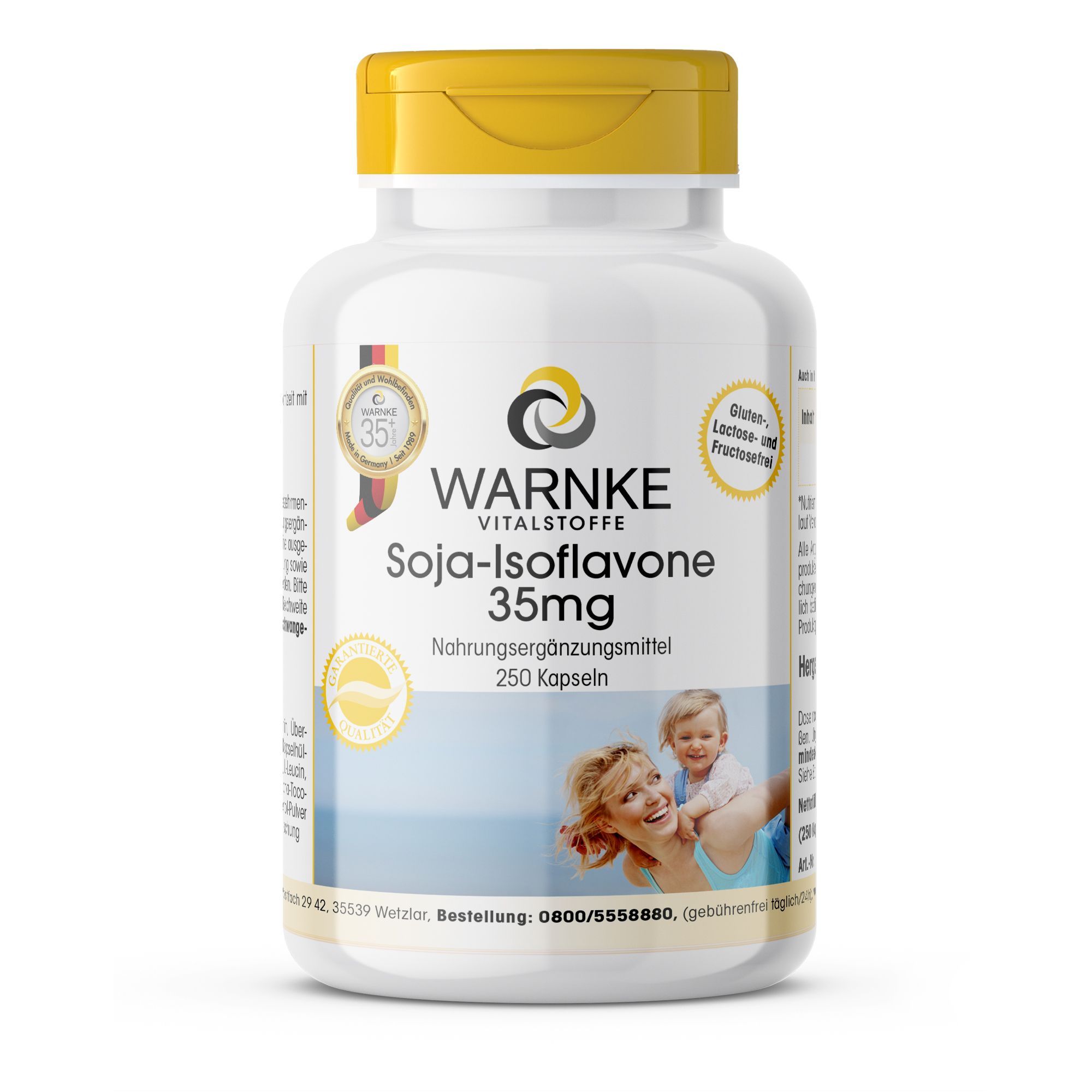 Witte fles met gele dop. Opschrift: Warnke Vitalstoffe, Soja-Isoflavone 35mg, 250 capsules. Zegels en logo.
