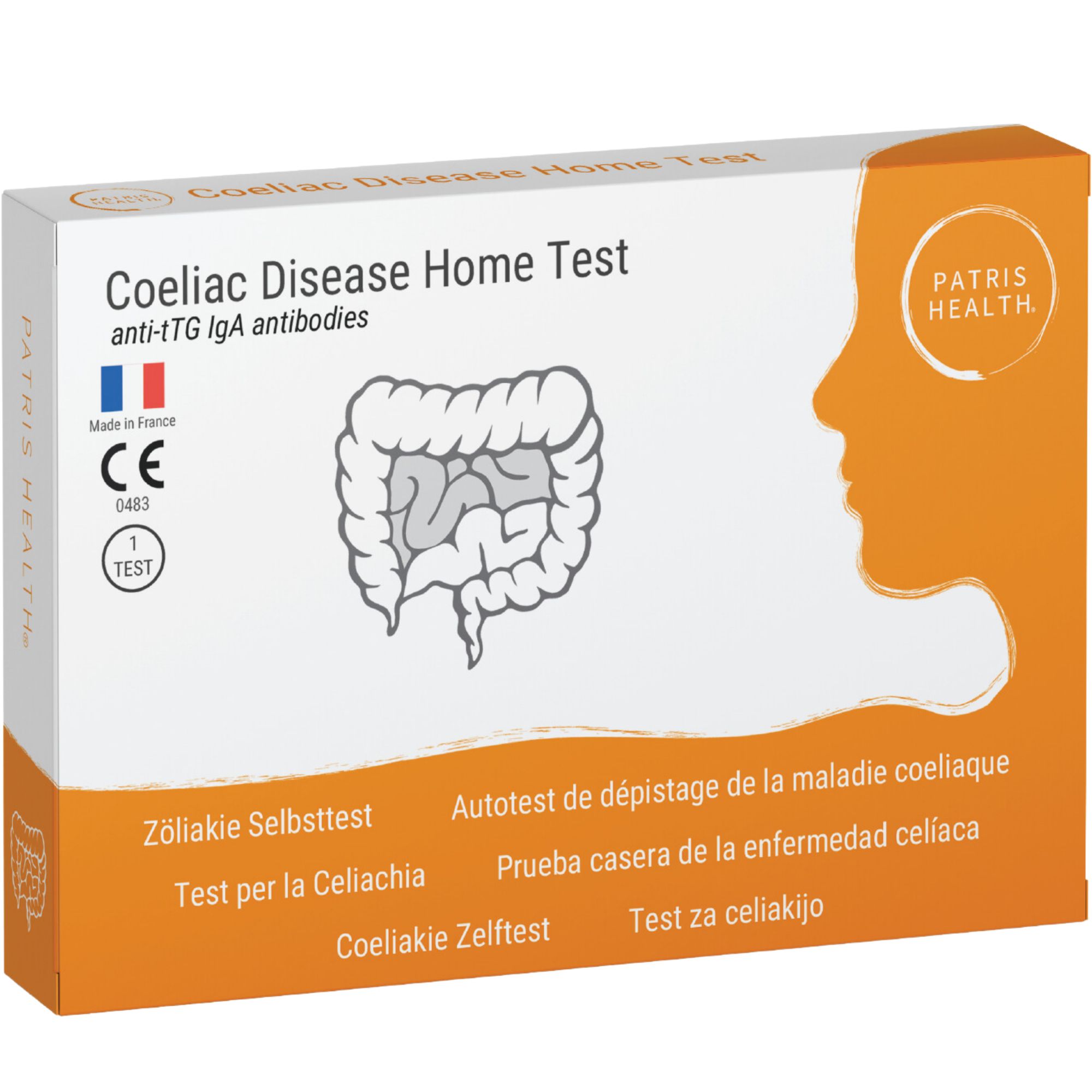 Verpakking van de coeliakietest. Bevat logo's van Patris Health, CE-markering en tekst.