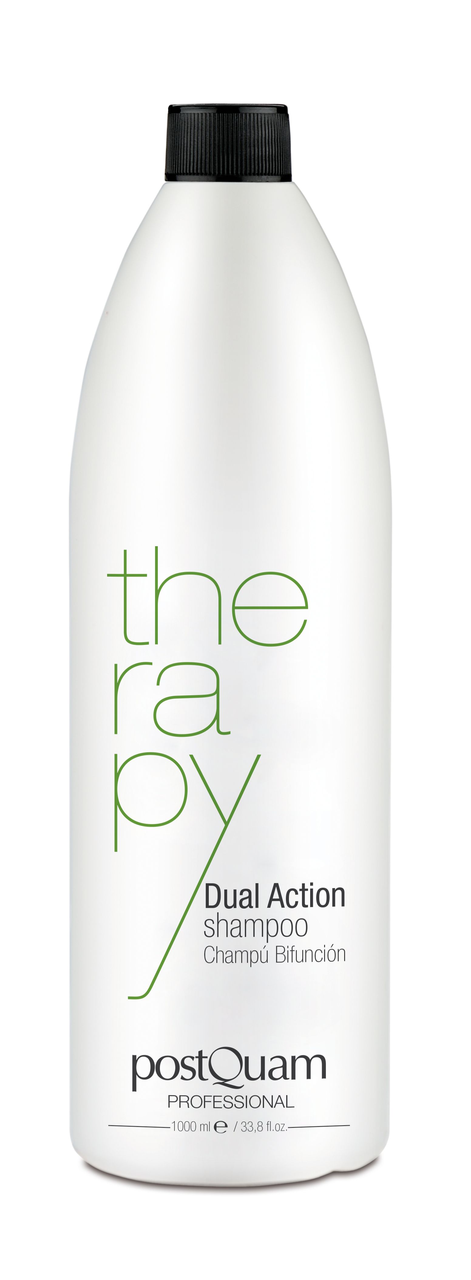 Witte shampoo fles met zwarte dop. Opschrift: Therapy, Dual Action Shampoo, PostQuam Professional. Volume: 1000 ml.