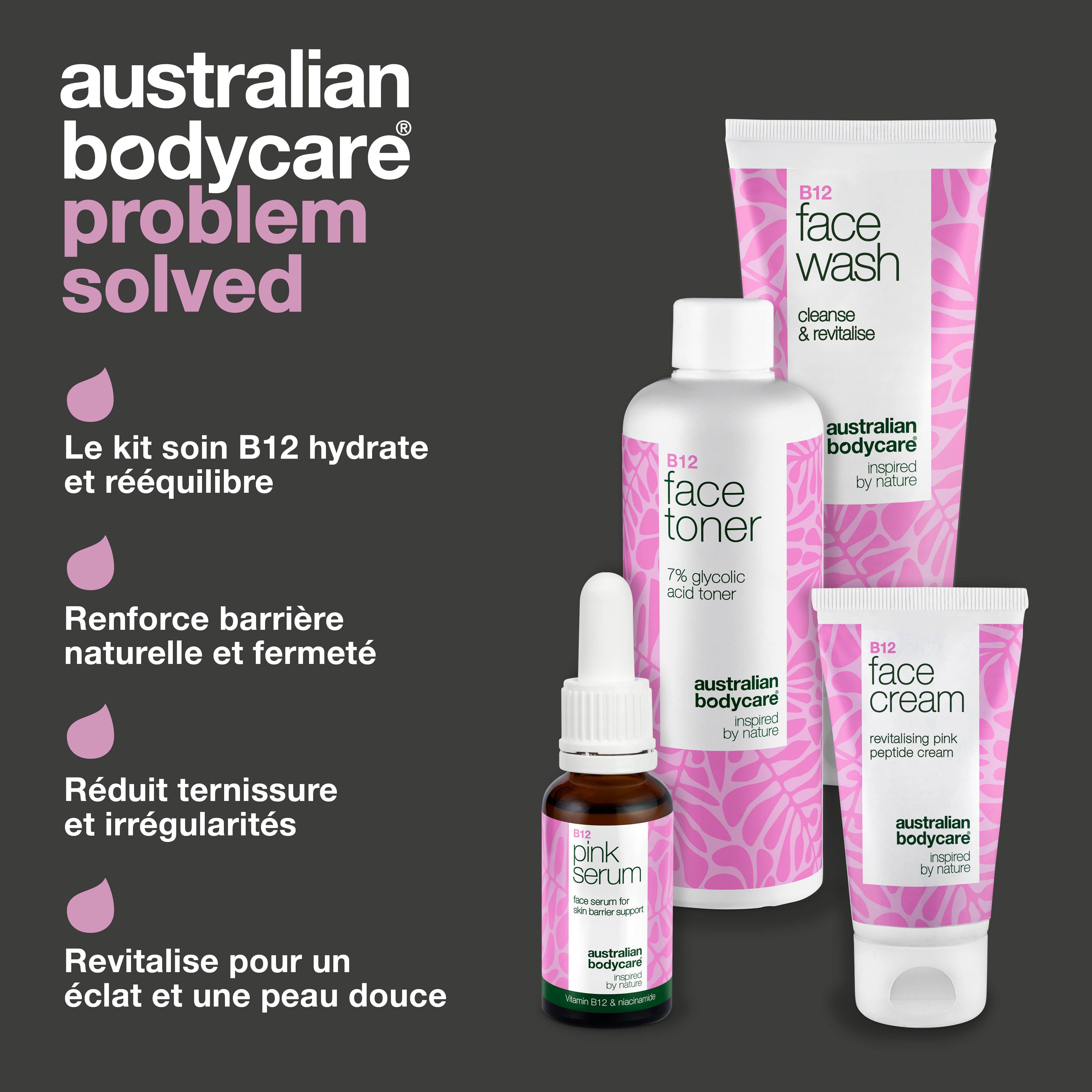 Produits : nettoyant, tonique, sérum et crème. Emballage rose et blanc. Texte : problème résolu.