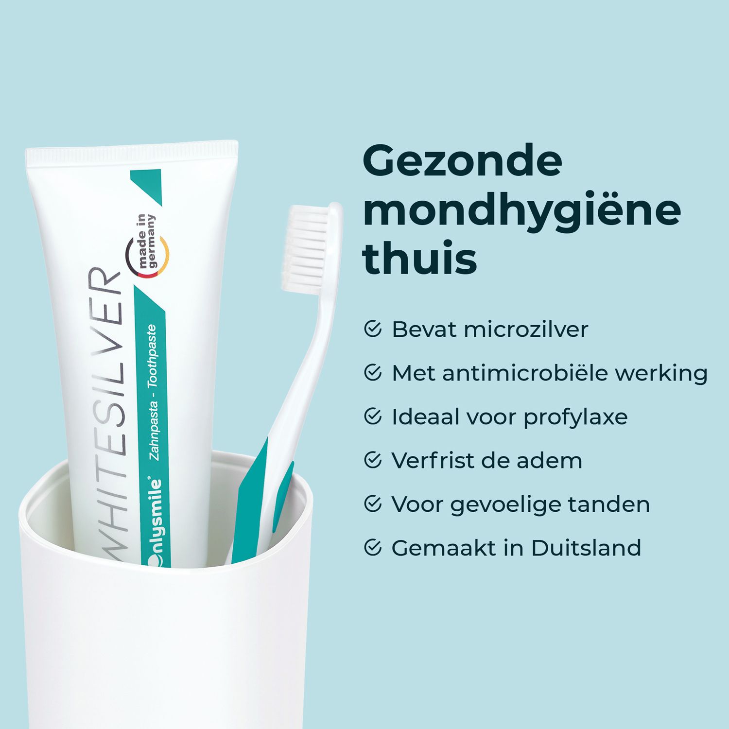 Hand met Onlysmile®-gel en LED-lamp. Tekst: Bleken tot 9 tinten in 5 dagen. 30 dagen garantie.