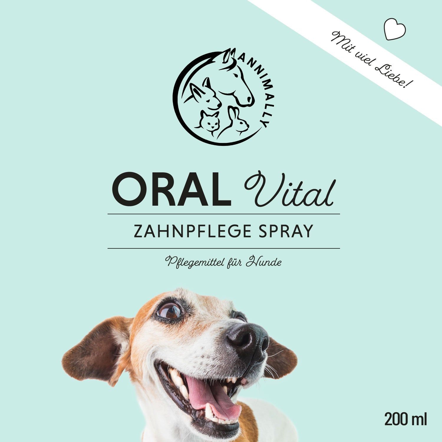 Emballage turquoise avec logo et texte: Oral Vital Zahnpflege Spray. Illustration d'un chien. Inscription: 200 ml.