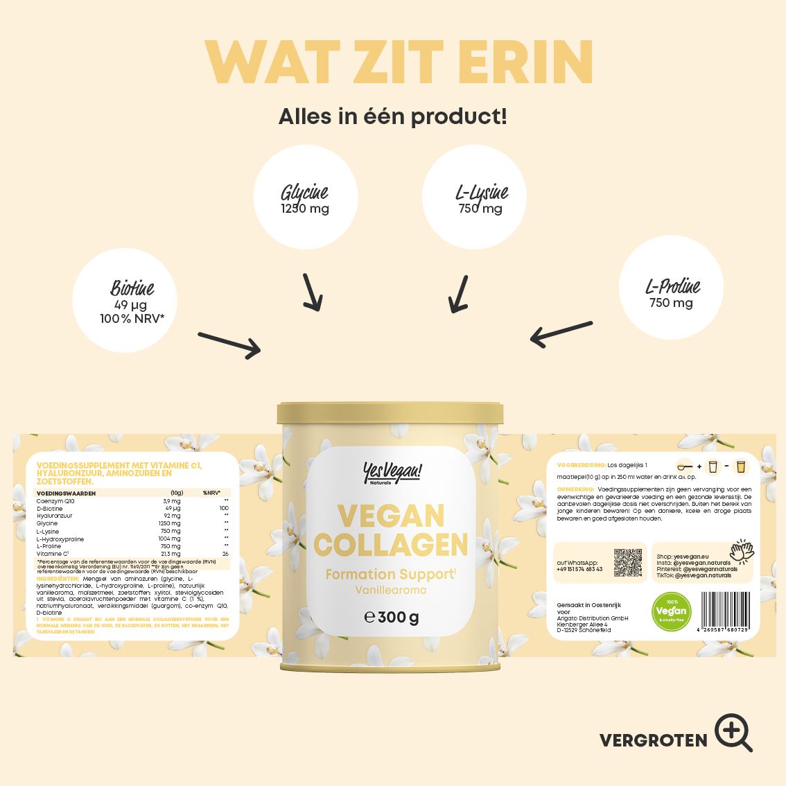 Blik vegan collageenpoeder vanille met 100% Vegan keurmerk (Italiaans).