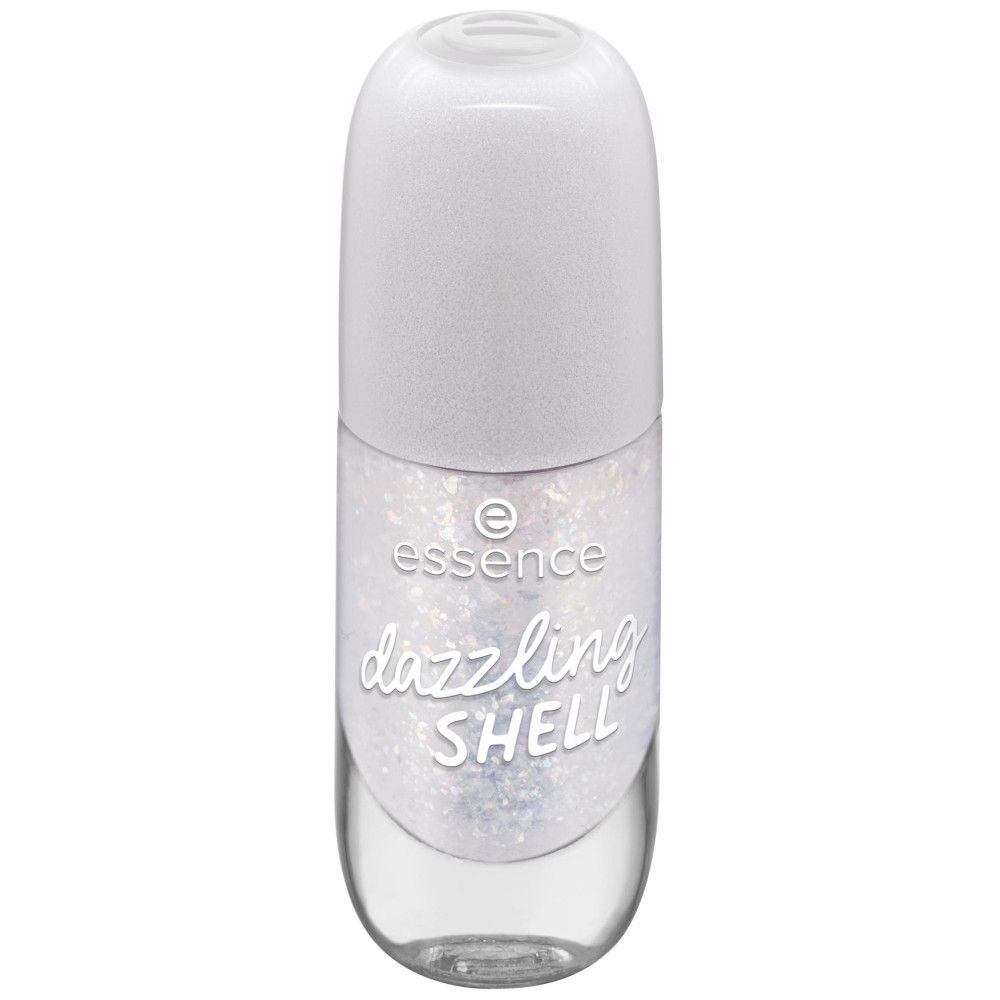 Flacon de vernis à ongles avec bouchon blanc. Inscription "essence dazzling SHELL".