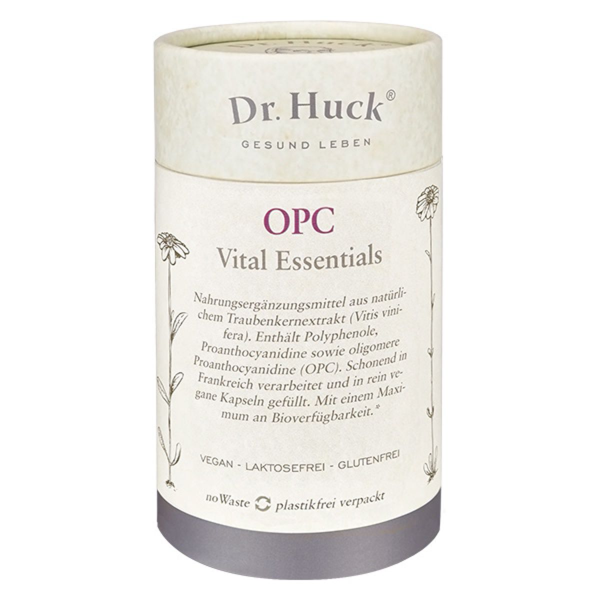 Boîte cylindrique en carton avec inscription: Dr. Huck OPC Vital Essentials. Vegan, sans lactose, sans gluten.