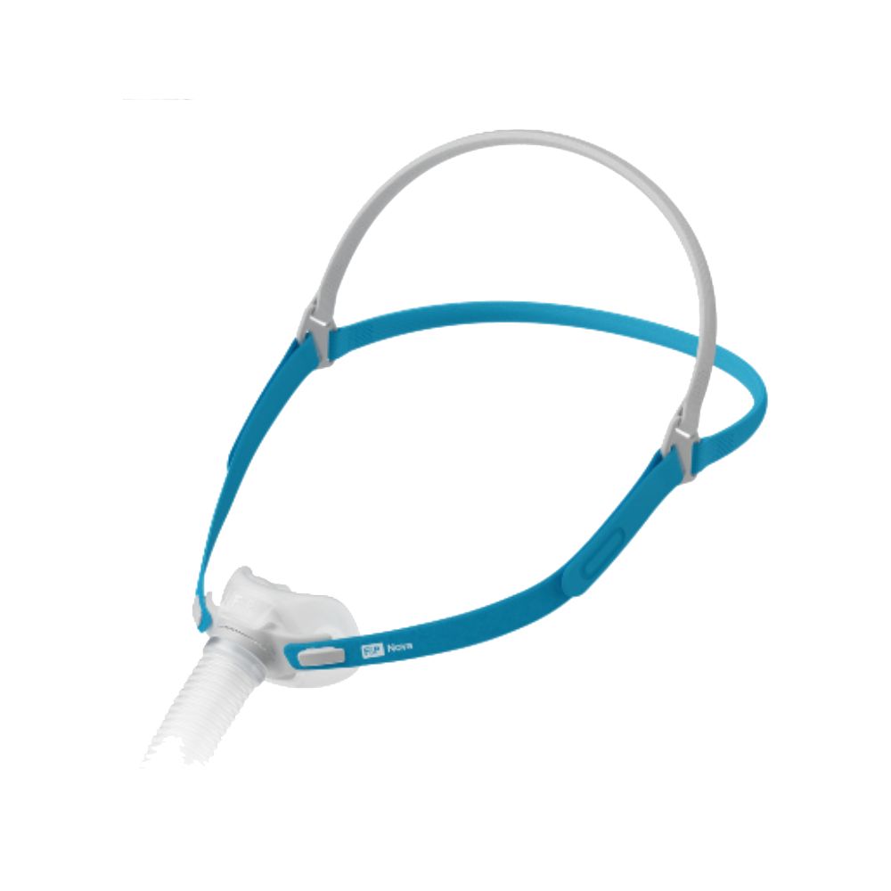 Neusmasker met hoofdband en slangkoppeling, witte en blauwe elementen.