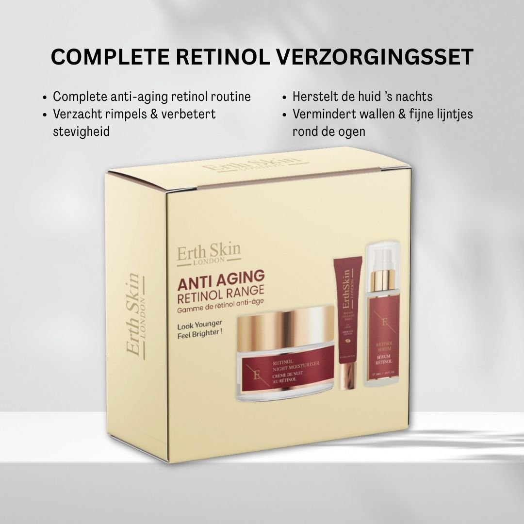 Boîte de kit anti-âge au rétinol ErthSkin London avec texte sur les soins de la peau.