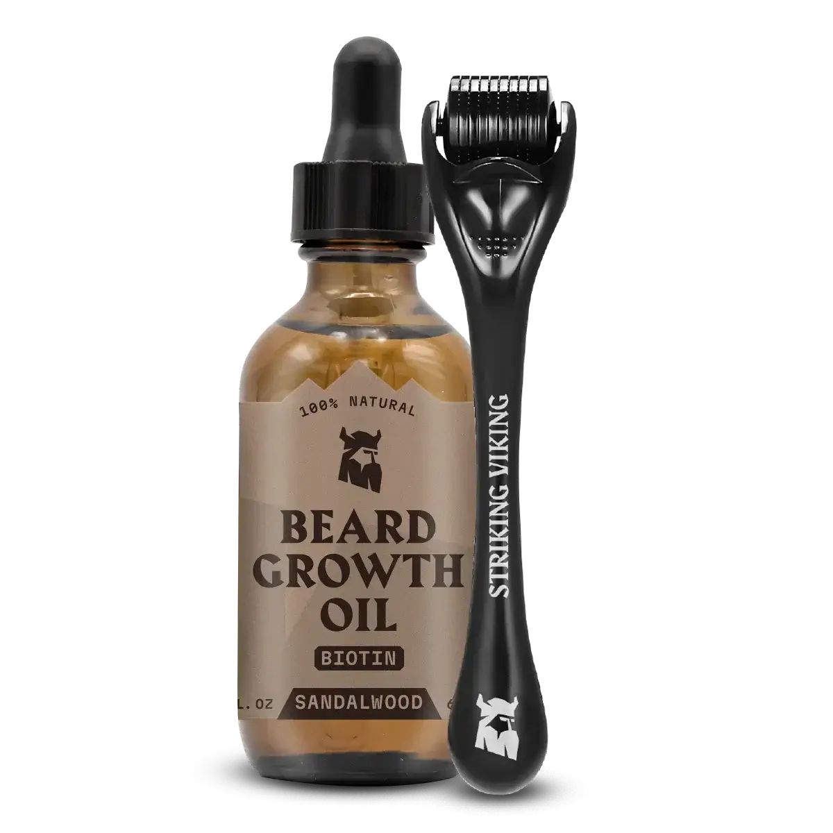 Flacon en verre brun avec pipette et rouleau derma noir. Inscription: Beard Growth Oil, Biotine, Bois de santal. Marque: Striking Viking.