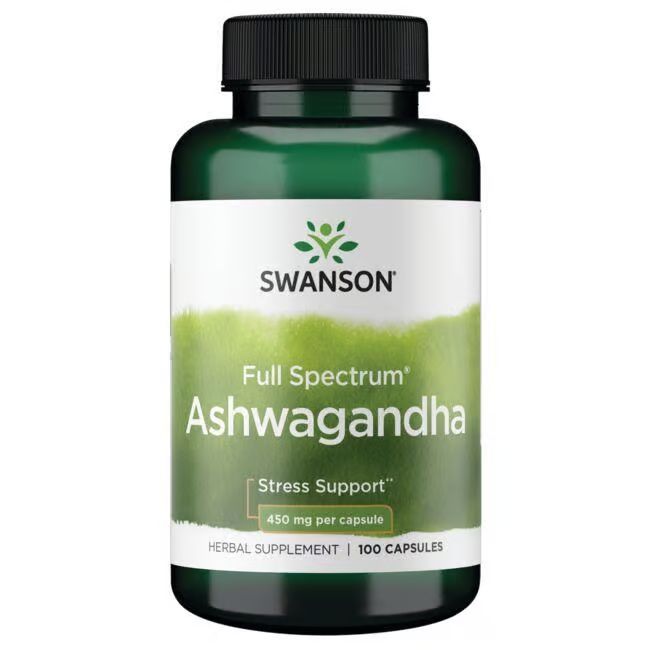 Flacon vert avec étiquette blanche. Inscription: SWANSON Ashwagandha, 450 mg par capsule, 100 capsules.