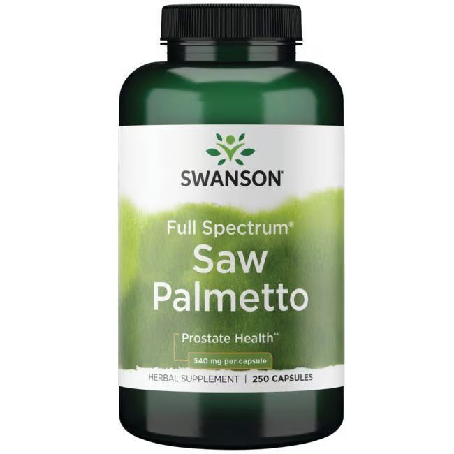 Groene fles met zwarte dop. Opschrift: SWANSON, Saw Palmetto, 540 mg per capsule, 250 capsules. Kruidensupplement.