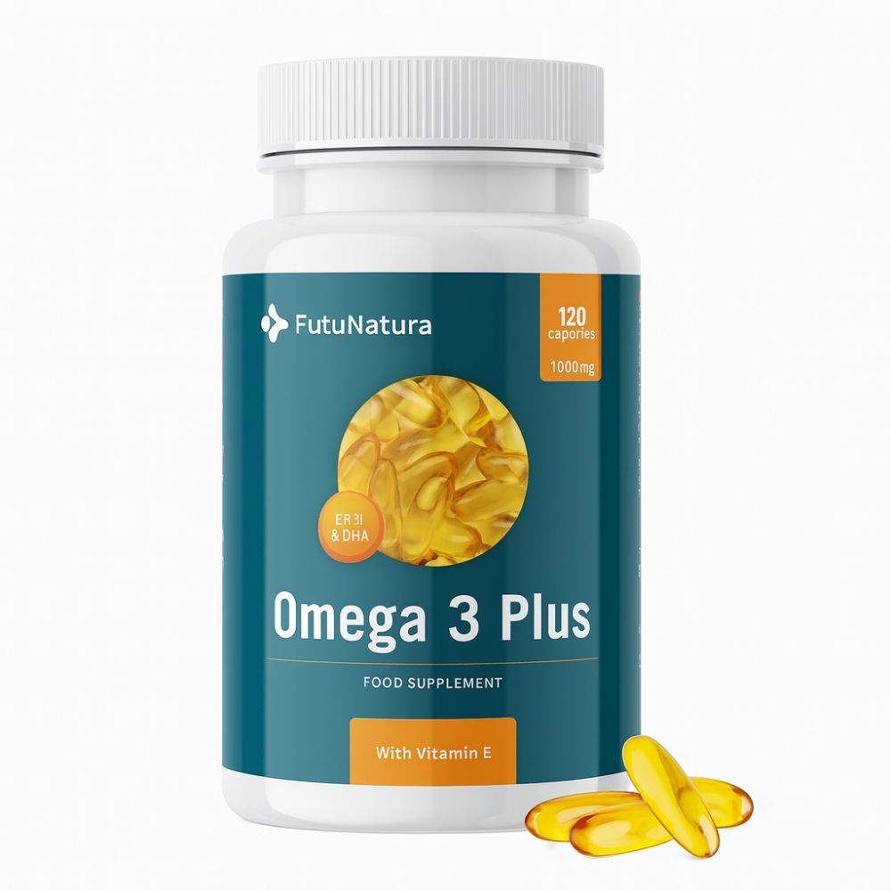 Witte fles met Omega 3 Plus capsules. Opschrift: FutuNatura, 120 capsules, 1000mg. Gele capsules ernaast.