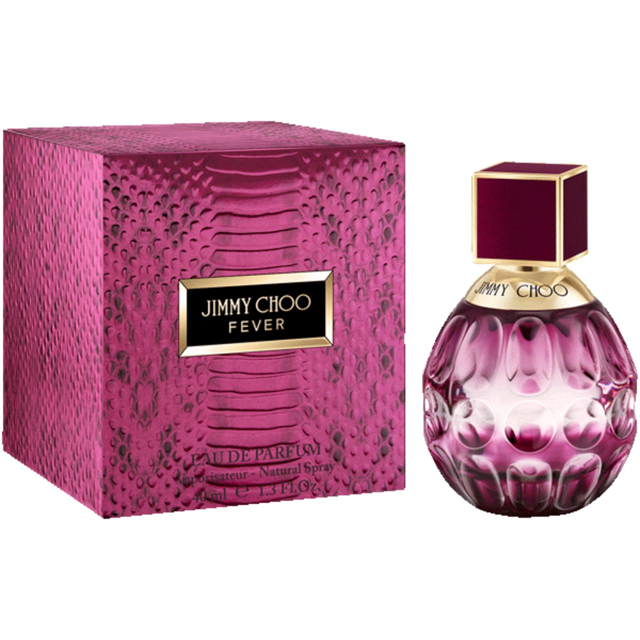Flacon Jimmy Choo Fever Eau de Parfum et sa boîte à texture peau de serpent.