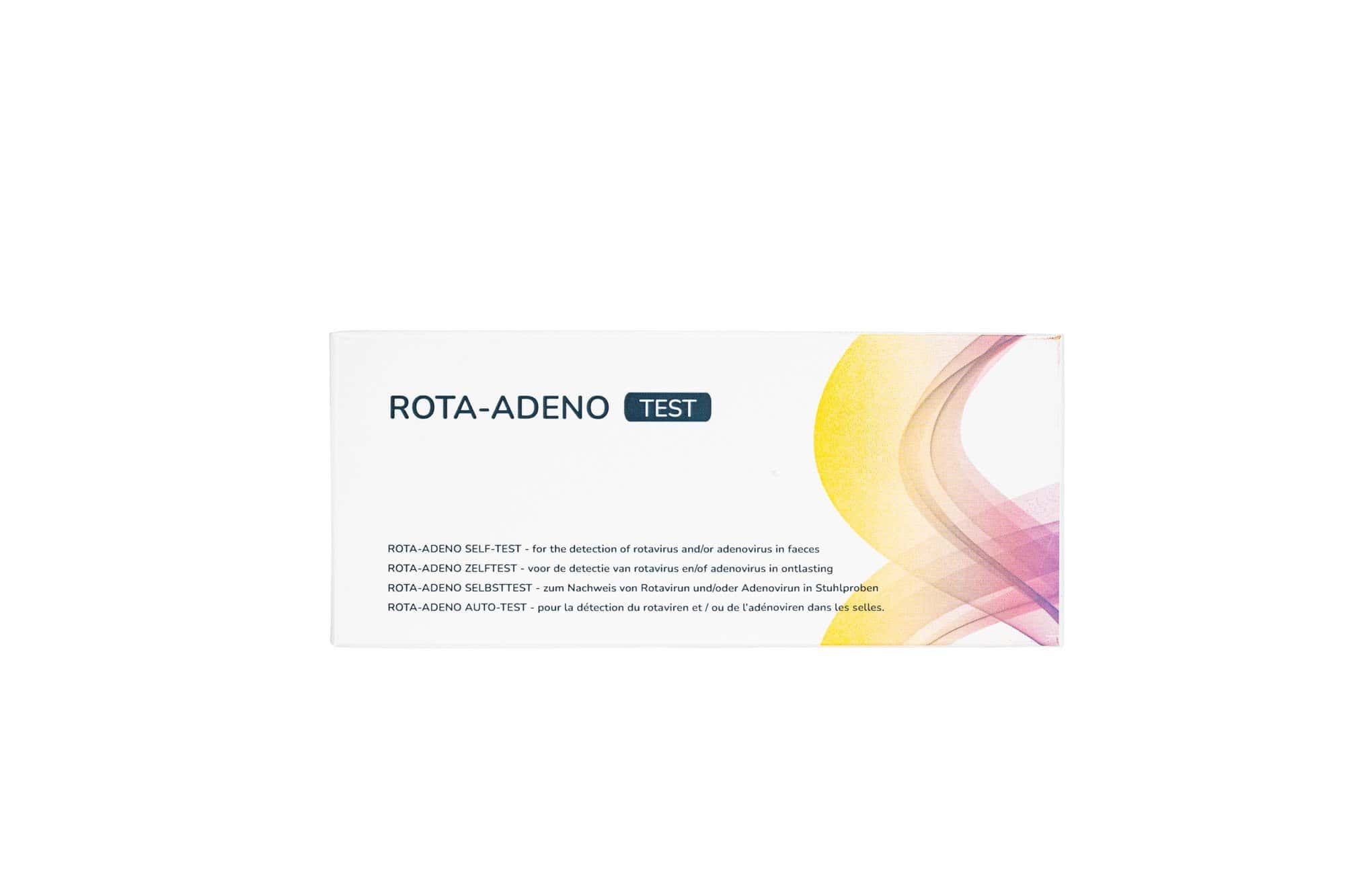 Emballage du test d'auto-détection Rotavirus & Adénovirus, face avant avec nom du produit et design.
