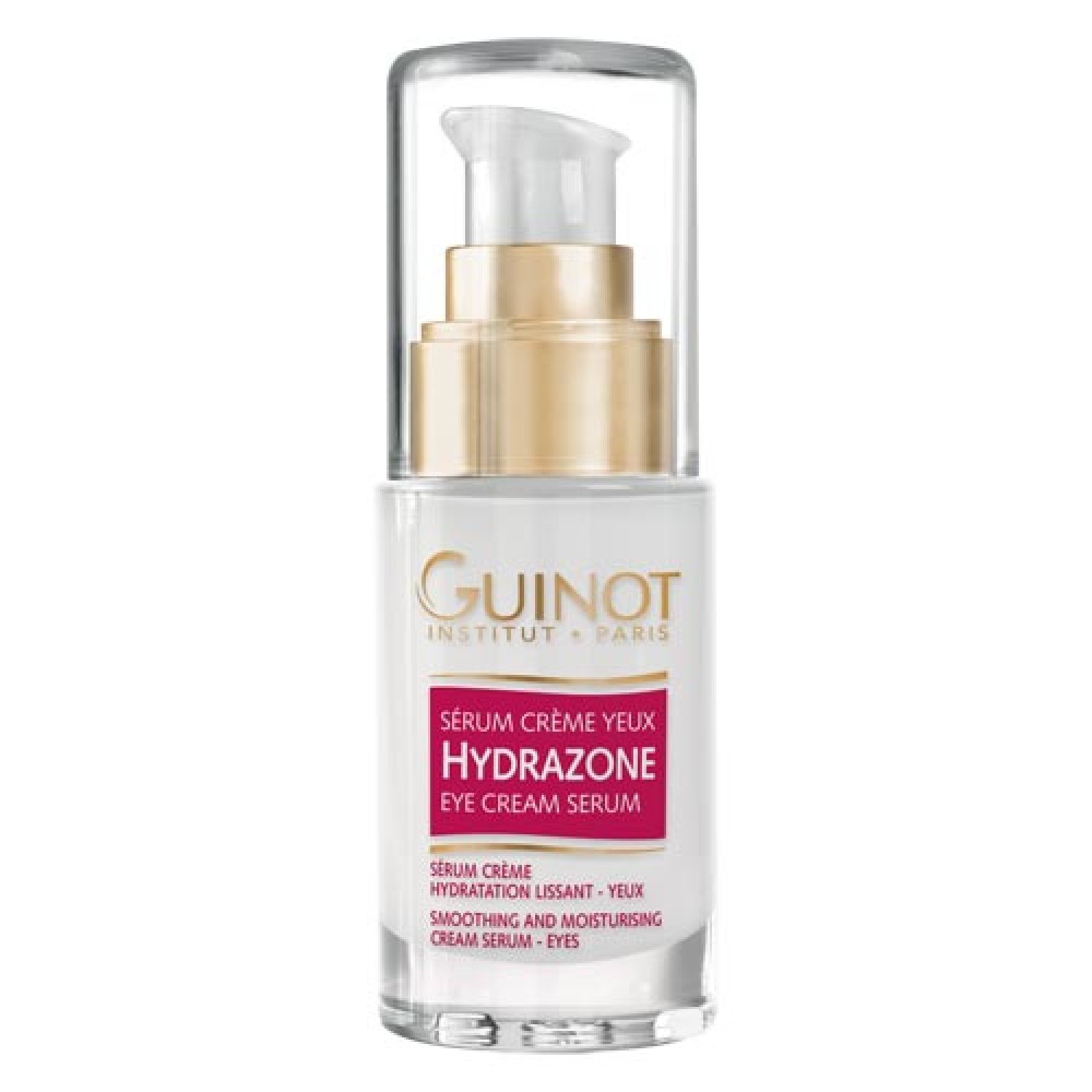 Serumfles met pomp. Opschrift: Guinot, Hydrazone Yeux Eye Cream Serum. Witte fles met gouden dop en transparante deksel.