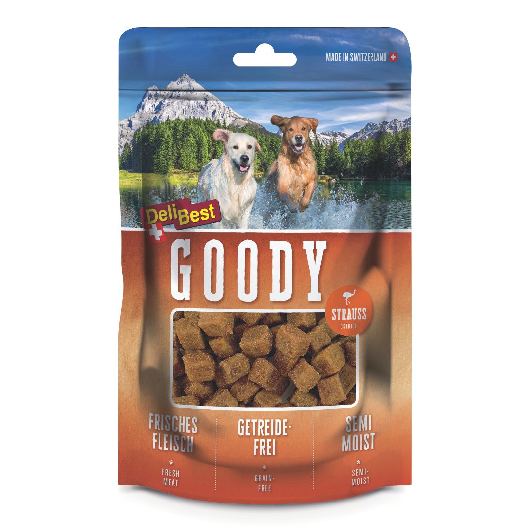 Paquet de DeliBest Goody Strauss. Snacks cubiques bruns dans une fenêtre transparente. Texte : Goody, viande fraîche, sans céréales, semi-humide.