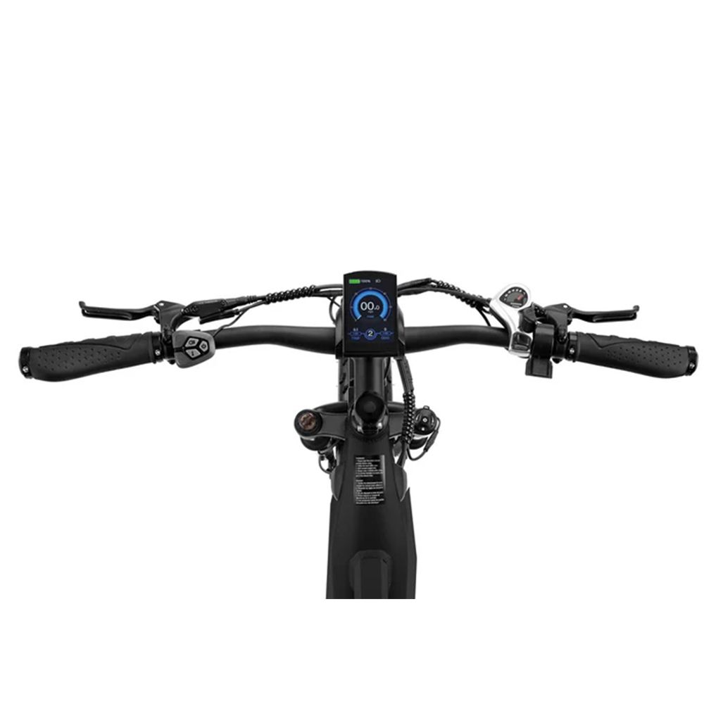 Guidon d'un vélo électrique noir. Écran numérique, commandes et câbles.