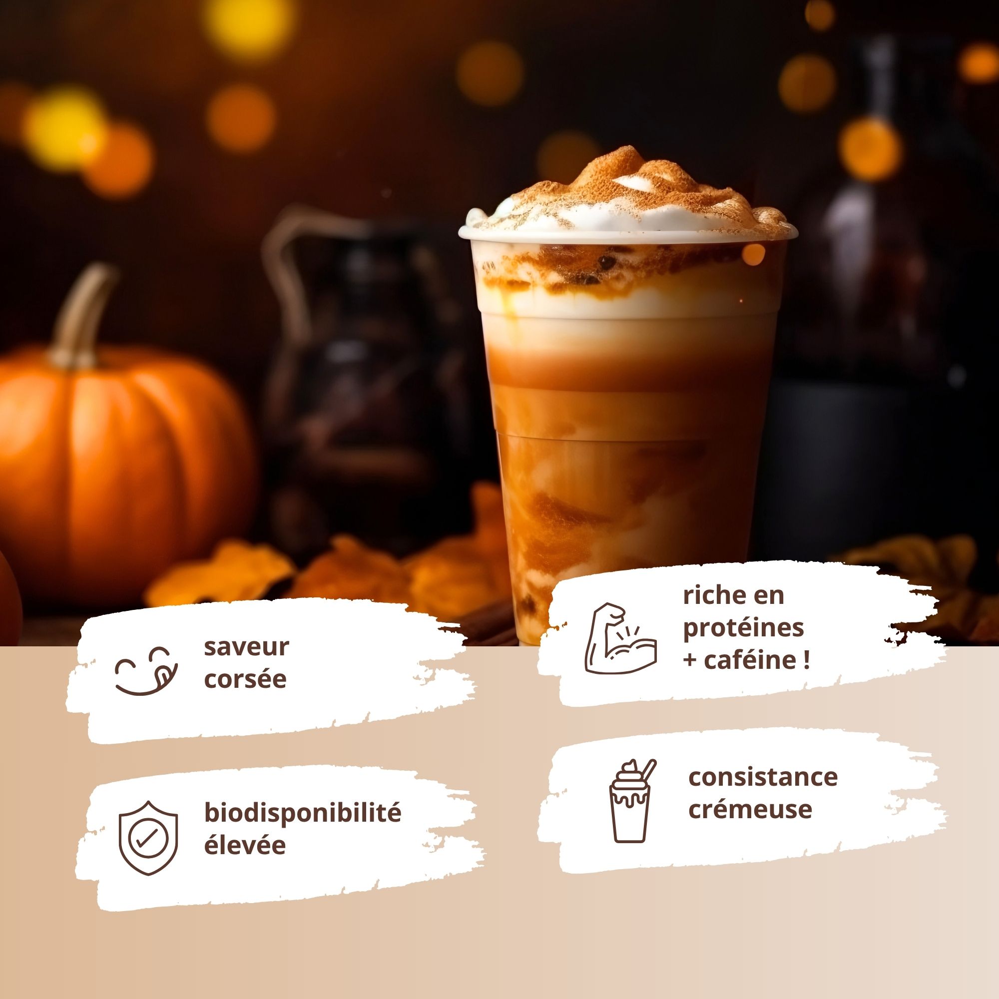 Verre de Pumpkin Spice Latte. Texte: saveur corsée, riche en protéines + caféine, biodisponibilité élevée, consistance crémeuse.