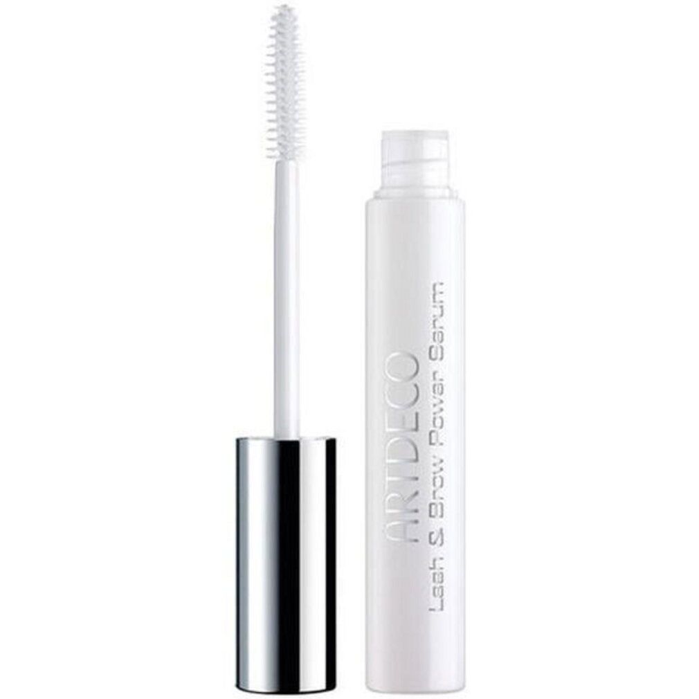 Artdeco Lash & Brow Power Serum : Applicateur blanc avec brosse et manche argenté, à côté d'un tube blanc avec inscription argentée.